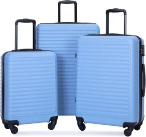 3 Piece Lightweight Luggage Set with Spinner Wheels and Hooks, ABS Material, Light Blue