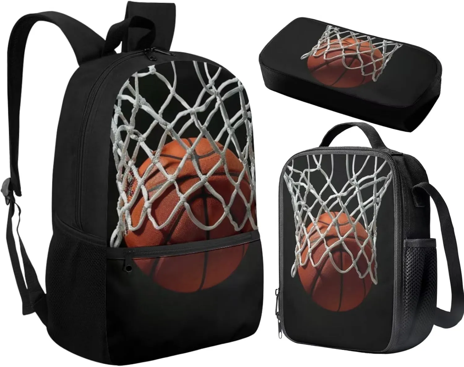 3D Basketball Backpacks Sets for Boys 3Pcs Kids Backpack School Bookbags with Insulated Lunch Box Pencil Case for School Elementary Students