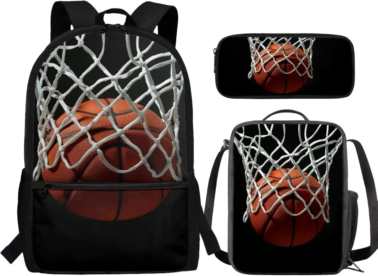 3D Basketball Backpacks Sets for Boys 3Pcs Kids Backpack School Bookbags with Insulated Lunch Box Pencil Case for School Elementary Students