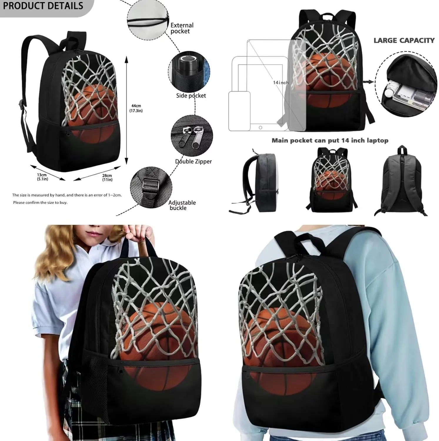 3D Basketball Backpacks Sets for Boys 3Pcs Kids Backpack School Bookbags with Insulated Lunch Box Pencil Case for School Elementary Students