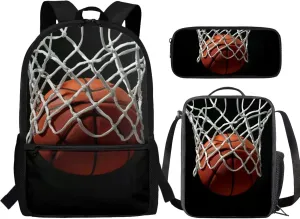 3D Basketball Backpacks Sets for Boys 3Pcs Kids Backpack School Bookbags with Insulated Lunch Box Pencil Case for School Elementary Students