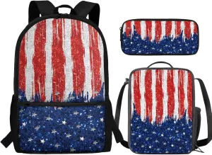 American Flag Backpack Set for Boys Girls 17 Inch Travel Backpacks Book Bag with Lunch Bag Pencil Case Schoolbag Back-to-School Set for Student