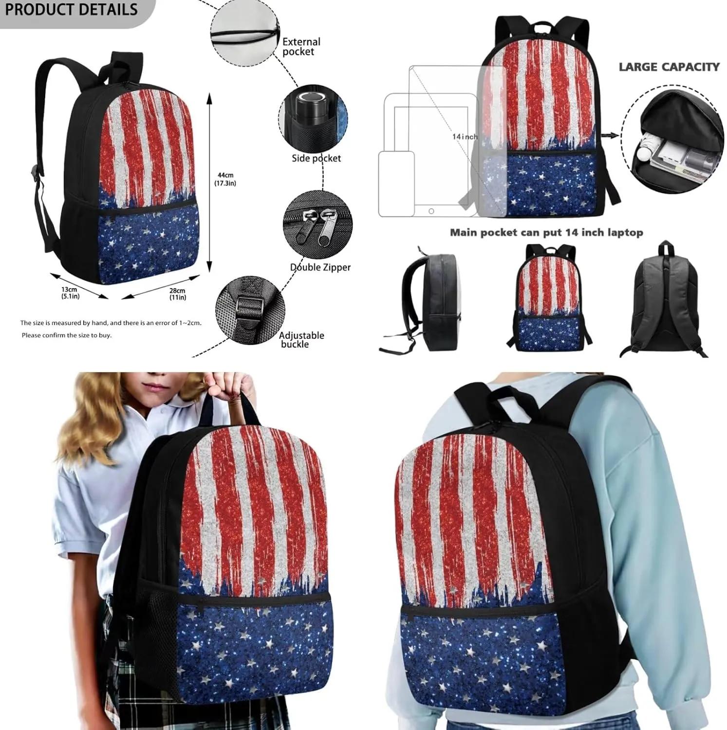 American Flag Backpack Set for Boys Girls 17 Inch Travel Backpacks Book Bag with Lunch Bag Pencil Case Schoolbag Back-to-School Set for Student