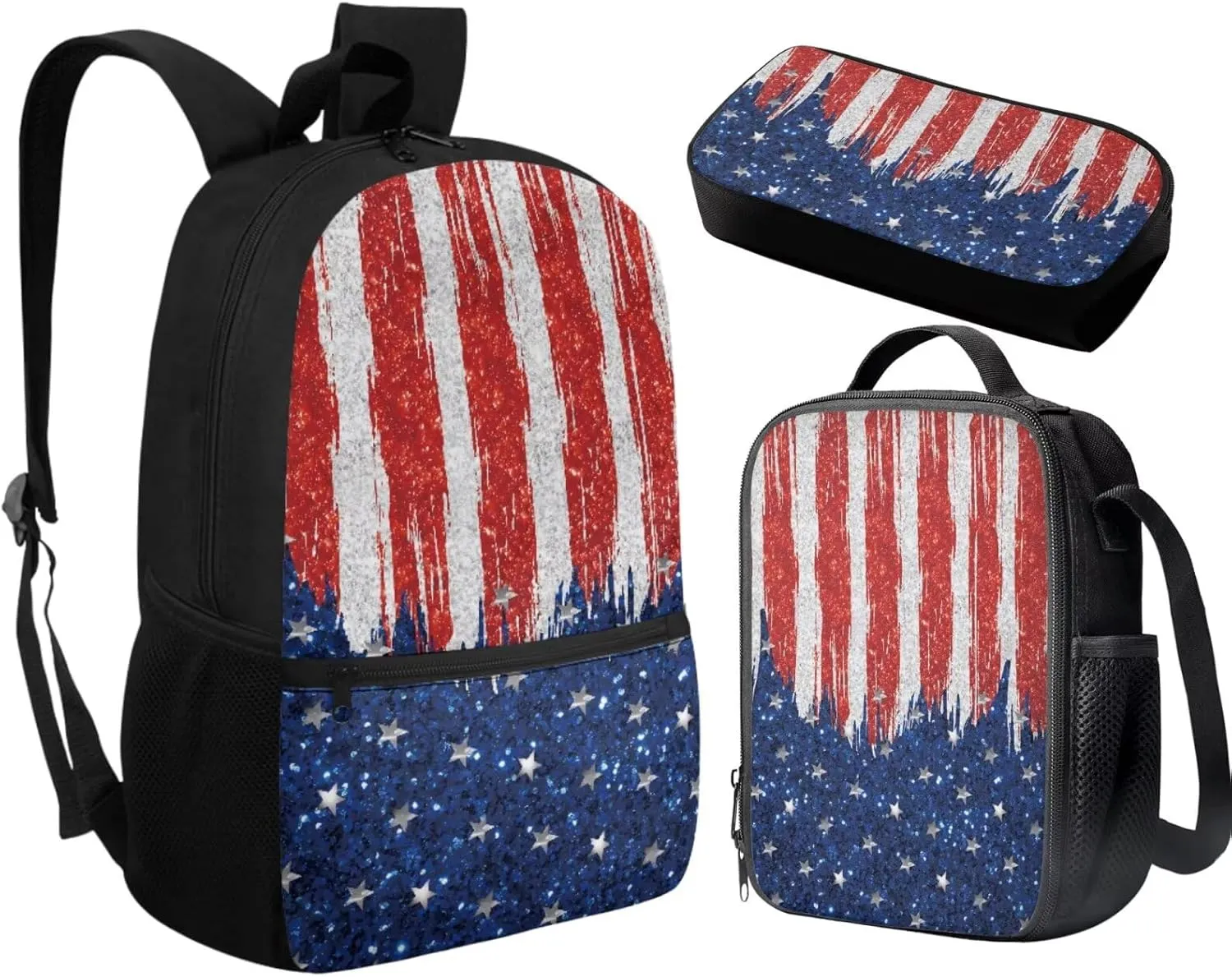 American Flag Backpack Set for Boys Girls 17 Inch Travel Backpacks Book Bag with Lunch Bag Pencil Case Schoolbag Back-to-School Set for Student
