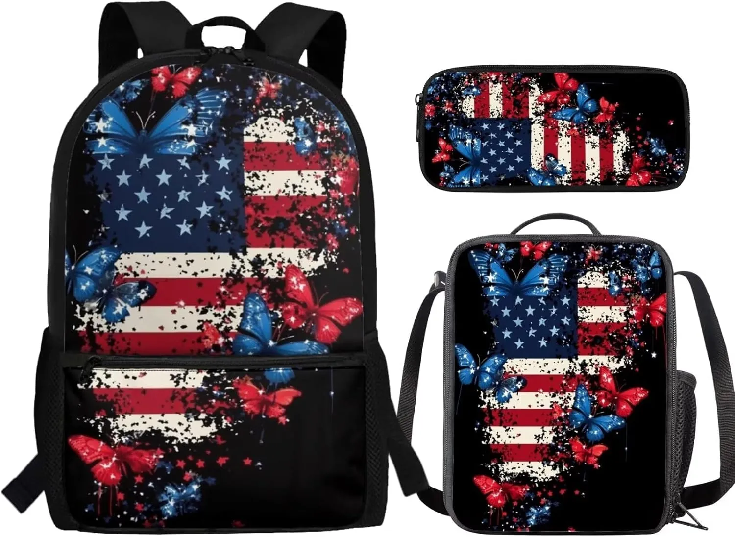 American Flag Butterfly Print Girls School Backpacks for Kids Teens 3-in-1 School Bag Bookbags Set with Lunch Bag Pencil Case