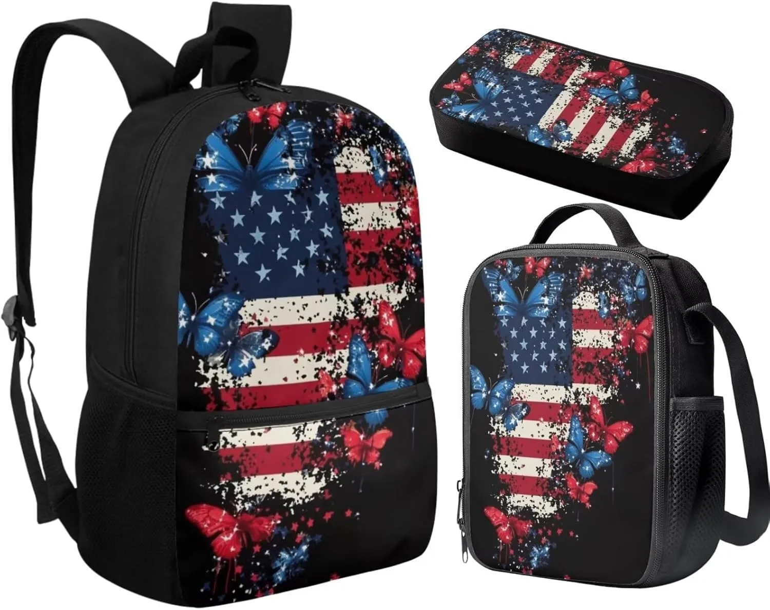 American Flag Butterfly Print Girls School Backpacks for Kids Teens 3-in-1 School Bag Bookbags Set with Lunch Bag Pencil Case