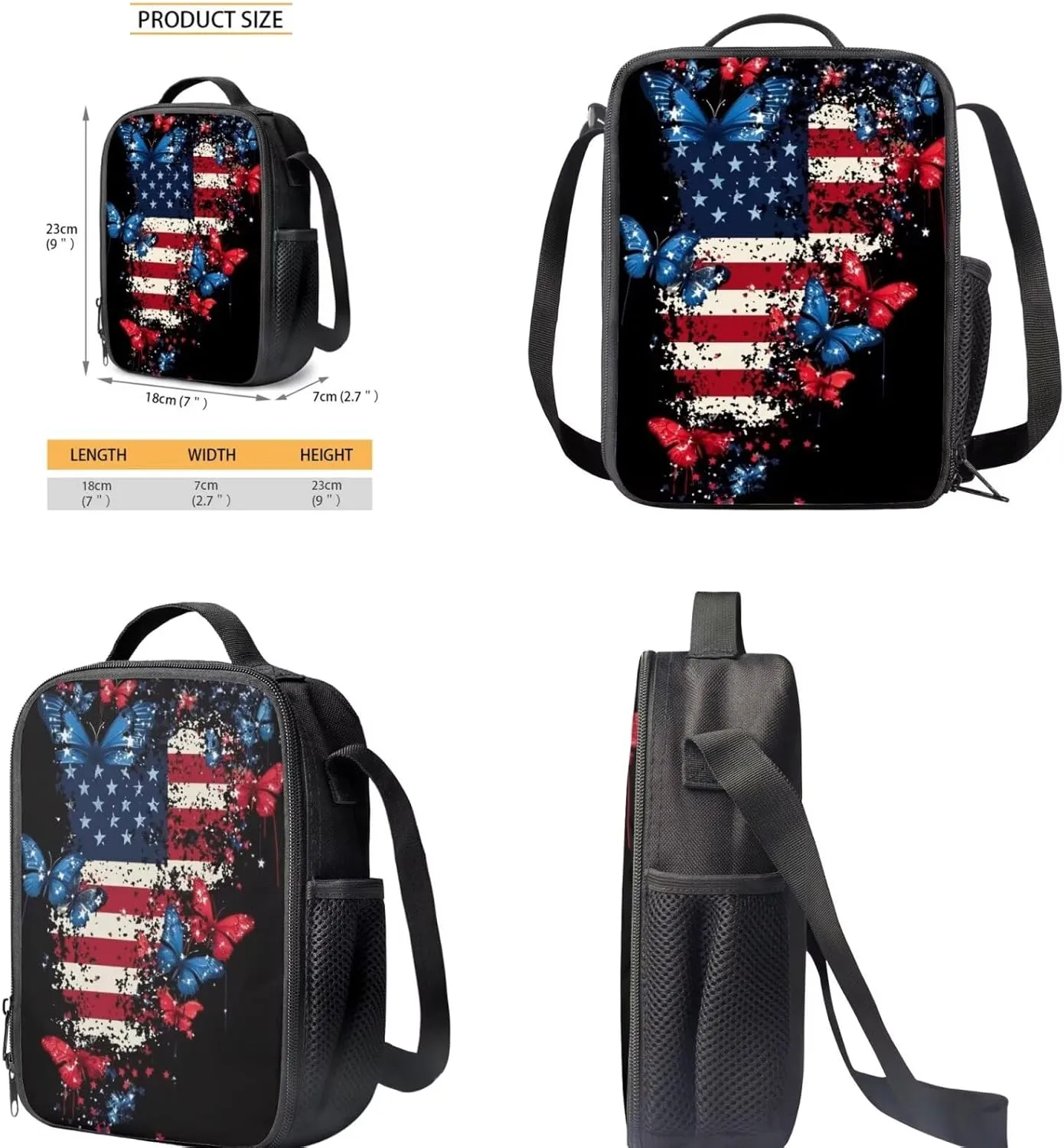 American Flag Butterfly Print Girls School Backpacks for Kids Teens 3-in-1 School Bag Bookbags Set with Lunch Bag Pencil Case