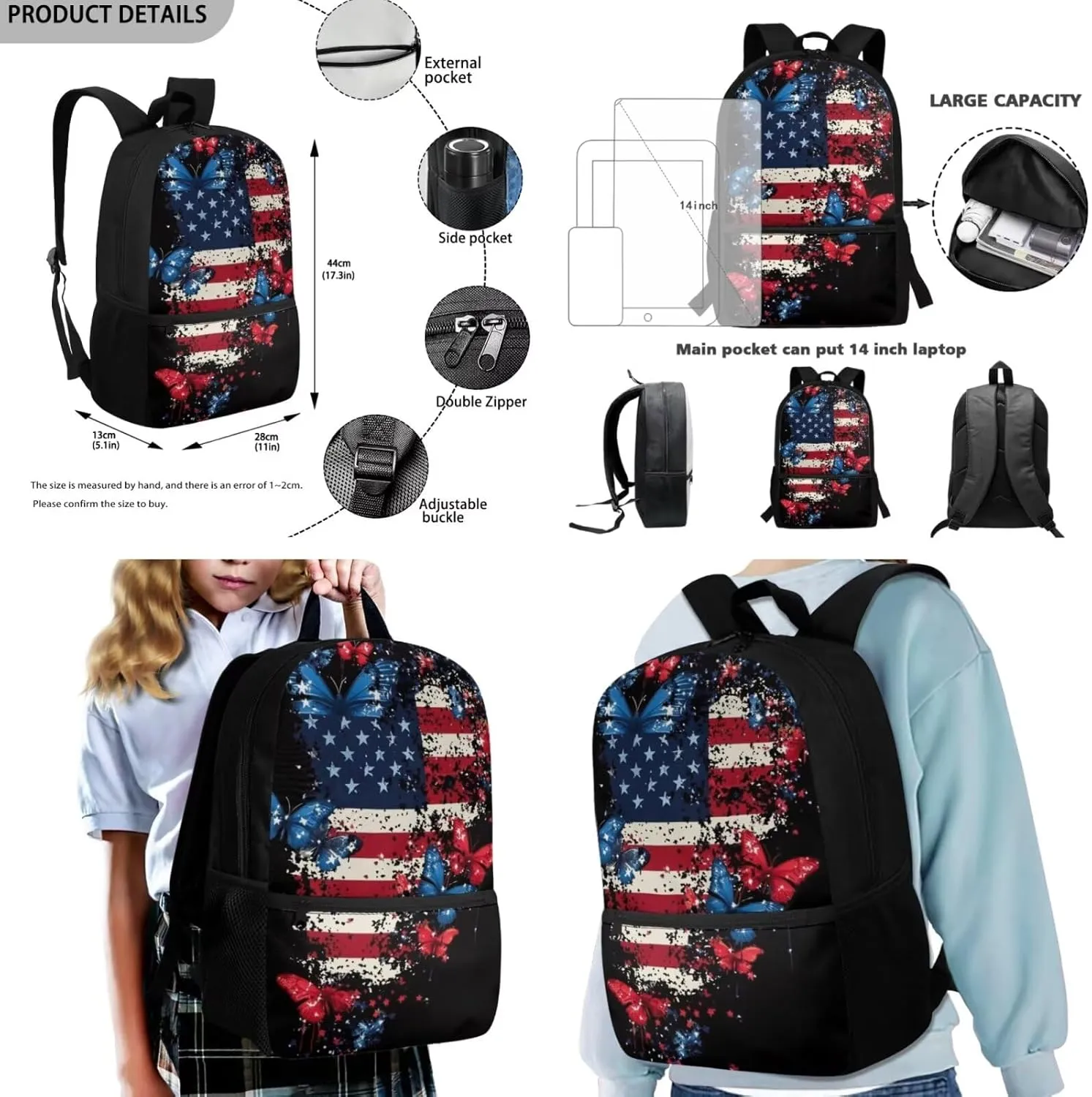 American Flag Butterfly Print Girls School Backpacks for Kids Teens 3-in-1 School Bag Bookbags Set with Lunch Bag Pencil Case