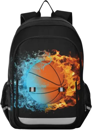 Aslsiy Kids Backpack for Boys Girls Basketball Sports School Backpack Fire Flame Book Bags Daycare Bag 17 Inch Adult Laptop Bag