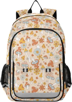 Aslsiy Kids Backpack Retro Floral Hippie Mushrooms School Backpack for Boys Girls Groovy Flower Book Bags Daycare 17 Inch Laptop Bag