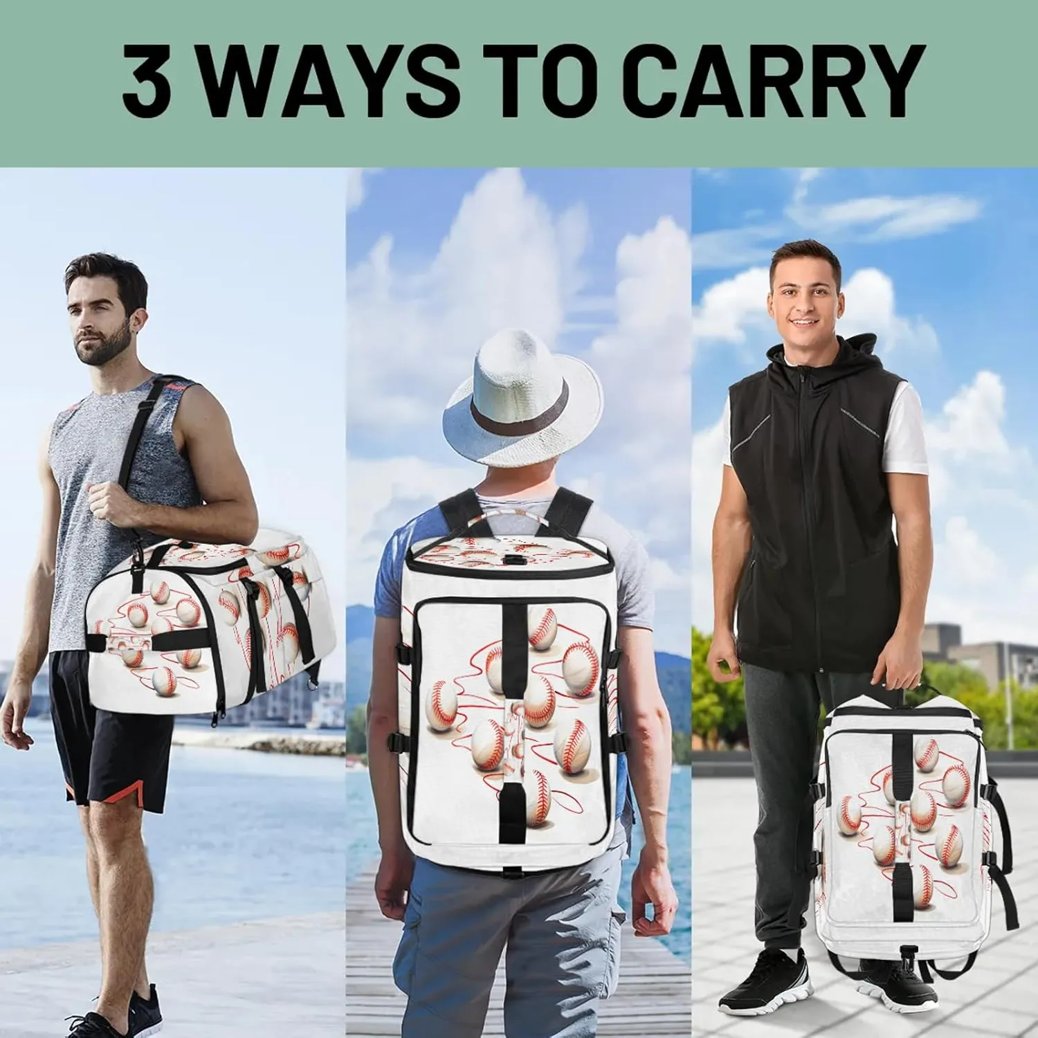Baseball Ball Gym Bags for Men Women Sports Backpack with Shoe Compartment 3-in-1 Tactical Duffle Bag for Overnight Weekender Travel