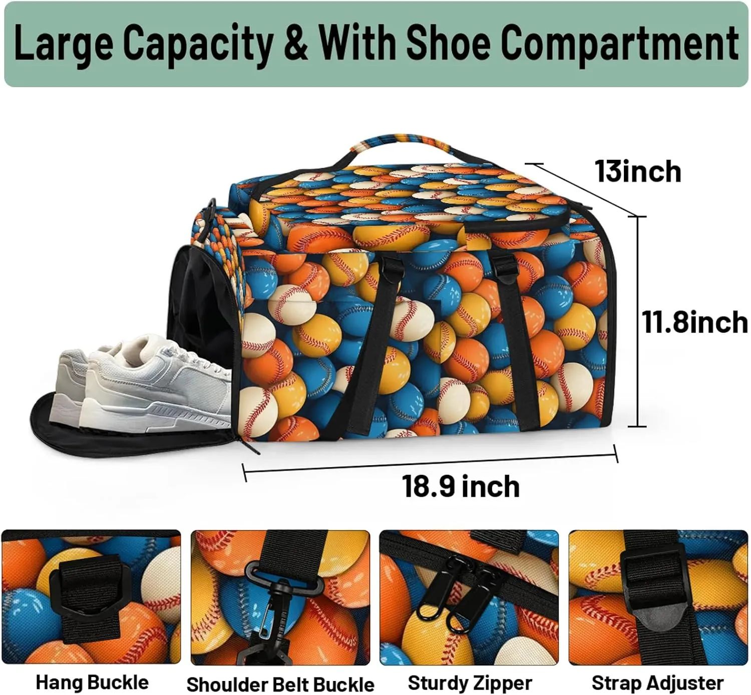 Baseball Gym Bags for Men Women Colorful Baseball Sports Backpack with Shoe Compartment 3-in-1 Tactical Duffle Bag for Overnight Weekender Travel