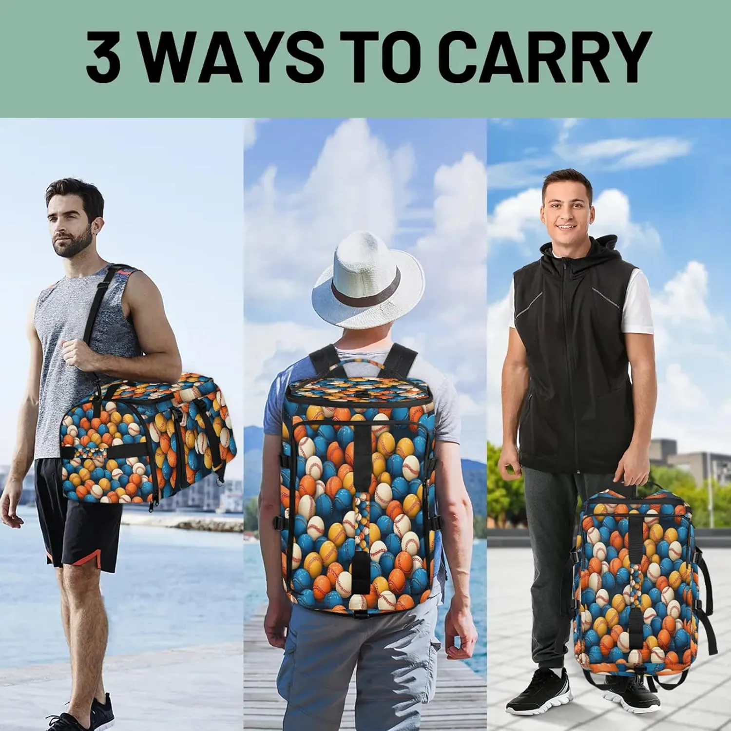 Baseball Gym Bags for Men Women Colorful Baseball Sports Backpack with Shoe Compartment 3-in-1 Tactical Duffle Bag for Overnight Weekender Travel