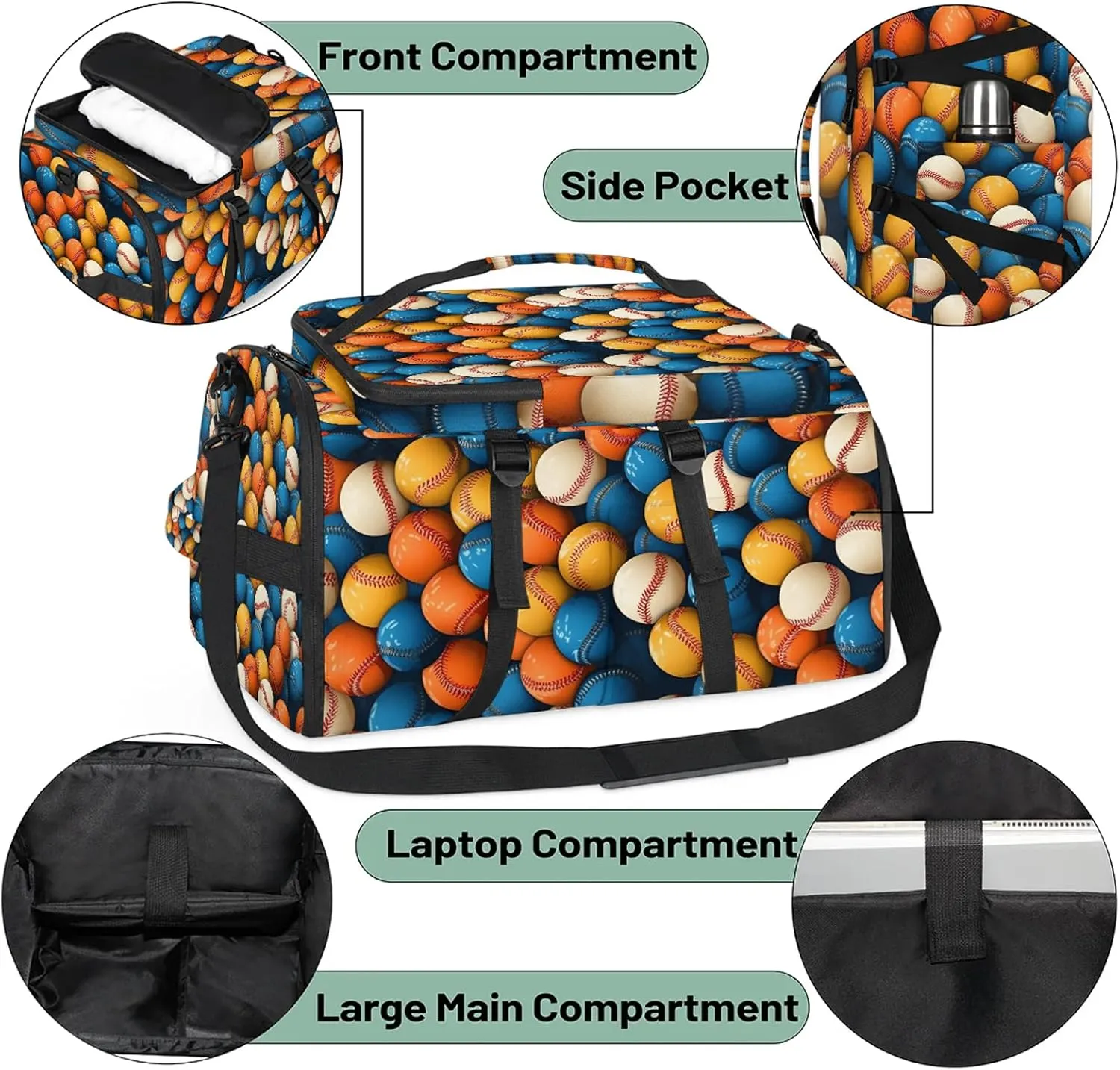 Baseball Gym Bags for Men Women Colorful Baseball Sports Backpack with Shoe Compartment 3-in-1 Tactical Duffle Bag for Overnight Weekender Travel