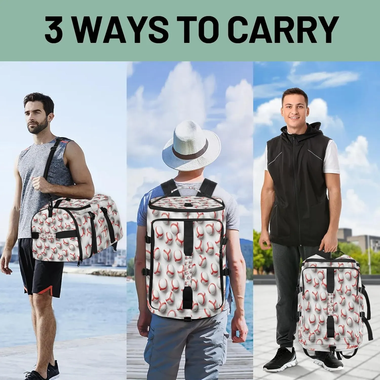 Baseball Gym Bags for Men Women Sports Backpack with Shoe Compartment 3-in-1 Tactical Duffle Bag for Overnight Weekender Travel