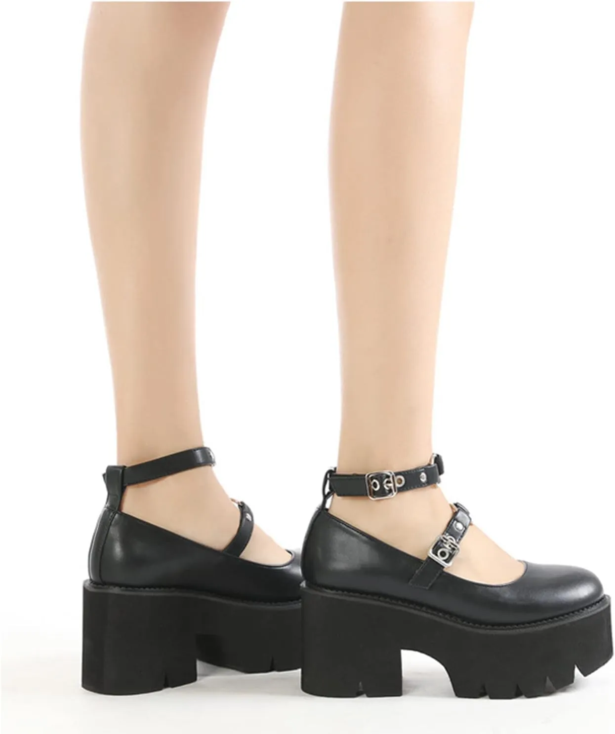 bbruriy Womens Marry Jane Platform Shoes Round Toe Chunky Heel Uniform Dress Pumps Lolita Shoes with Double Ankle Strap and Rivet Decoration