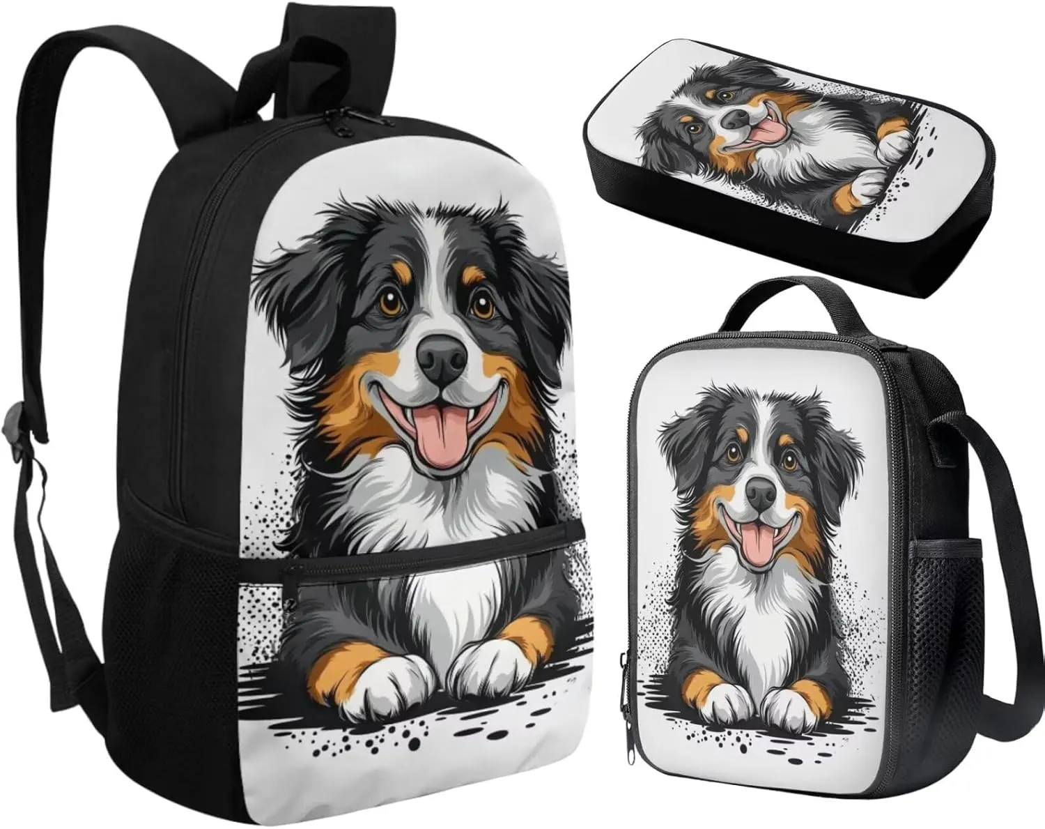 Bernese Mountain Dog Backpacks with Lunch Pack Pencil Case 3pcs Lightweight Bookbag for Middle School Bags Set Casual Daypack