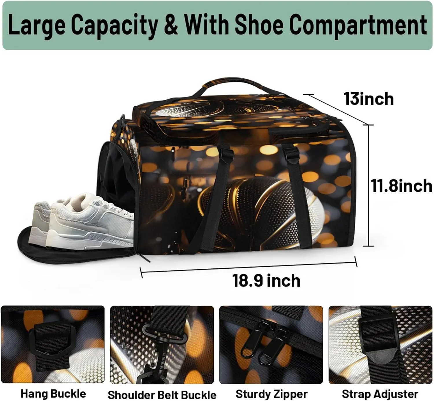 Black Basketball Gym Bags for Men Women Sports Backpack with Shoe Compartment 3-in-1 Tactical Duffle Bag for Overnight Weekender Travel
