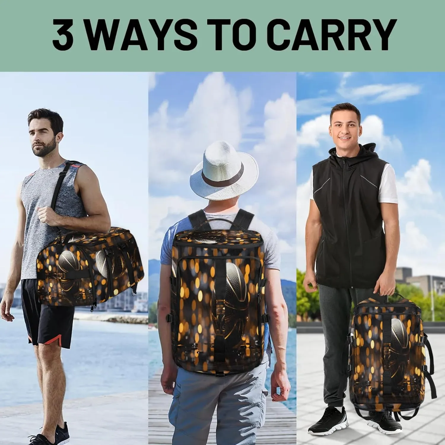 Black Basketball Gym Bags for Men Women Sports Backpack with Shoe Compartment 3-in-1 Tactical Duffle Bag for Overnight Weekender Travel