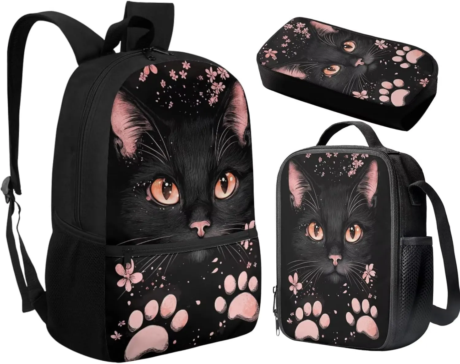 Black Cat Floral Print Girls Black Backpacks Set for School Bags with Lunch Box and Pencil Case Bookbags for Teenage 3 Pieces