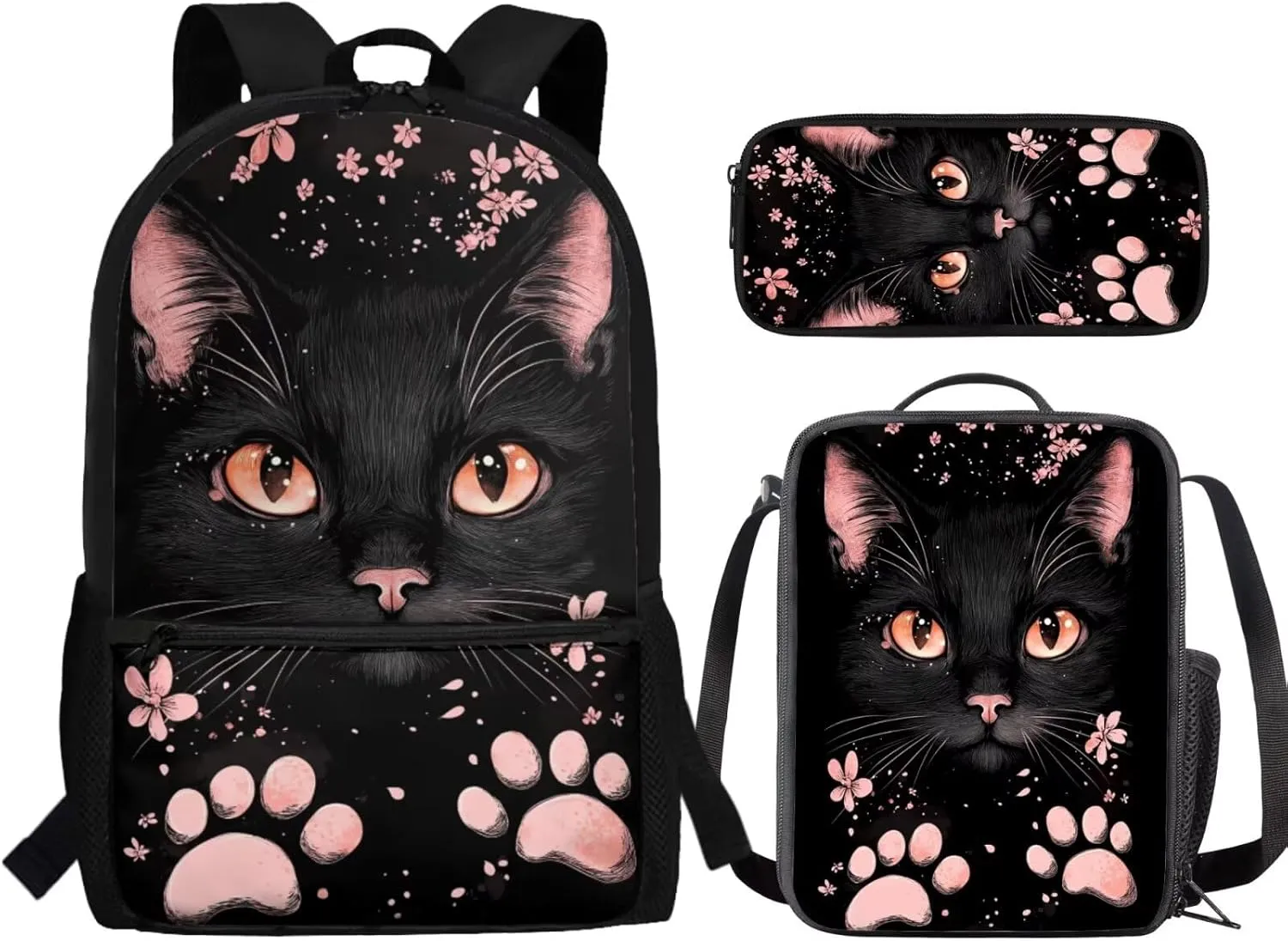 Black Cat Floral Print Girls Black Backpacks Set for School Bags with Lunch Box and Pencil Case Bookbags for Teenage 3 Pieces