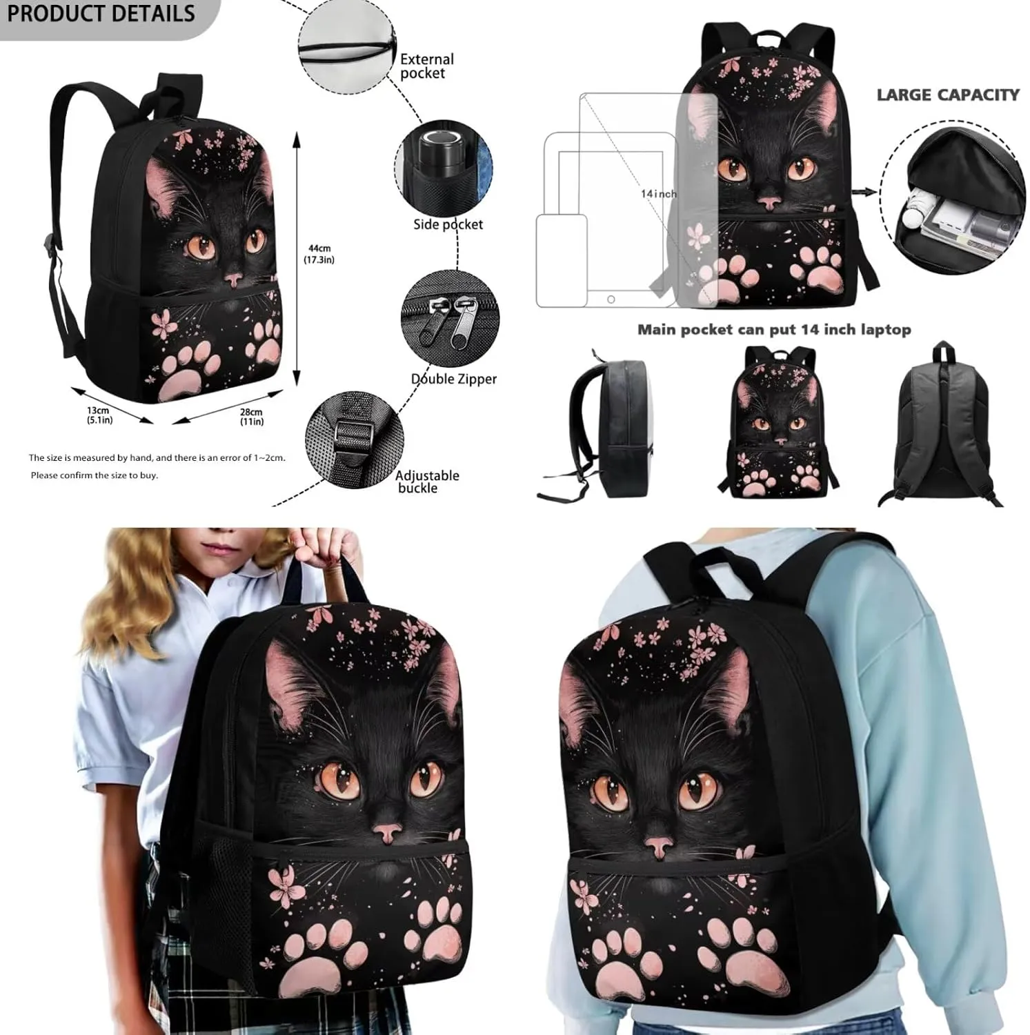 Black Cat Floral Print Girls Black Backpacks Set for School Bags with Lunch Box and Pencil Case Bookbags for Teenage 3 Pieces