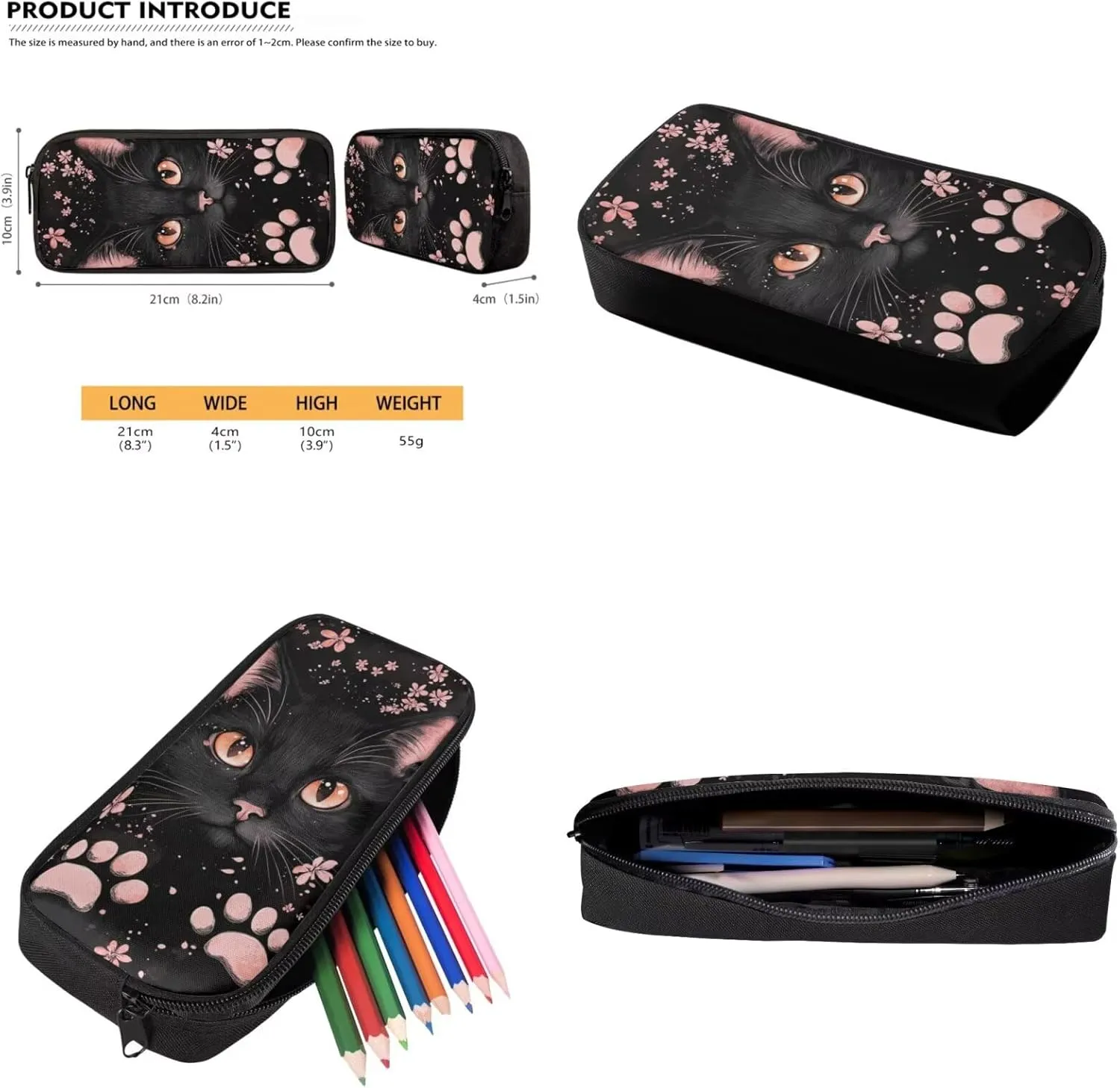 Black Cat Floral Print Girls Black Backpacks Set for School Bags with Lunch Box and Pencil Case Bookbags for Teenage 3 Pieces