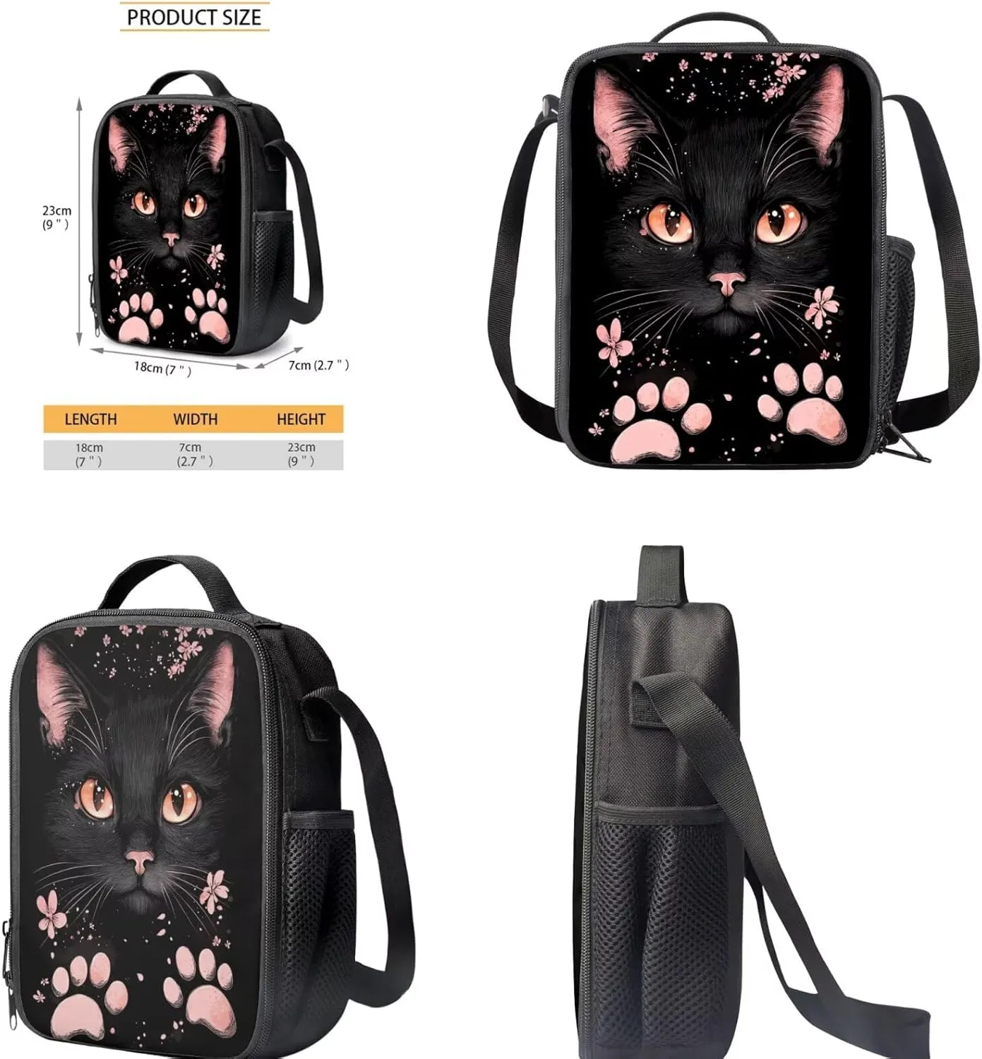 Black Cat Floral Print Girls Black Backpacks Set for School Bags with Lunch Box and Pencil Case Bookbags for Teenage 3 Pieces