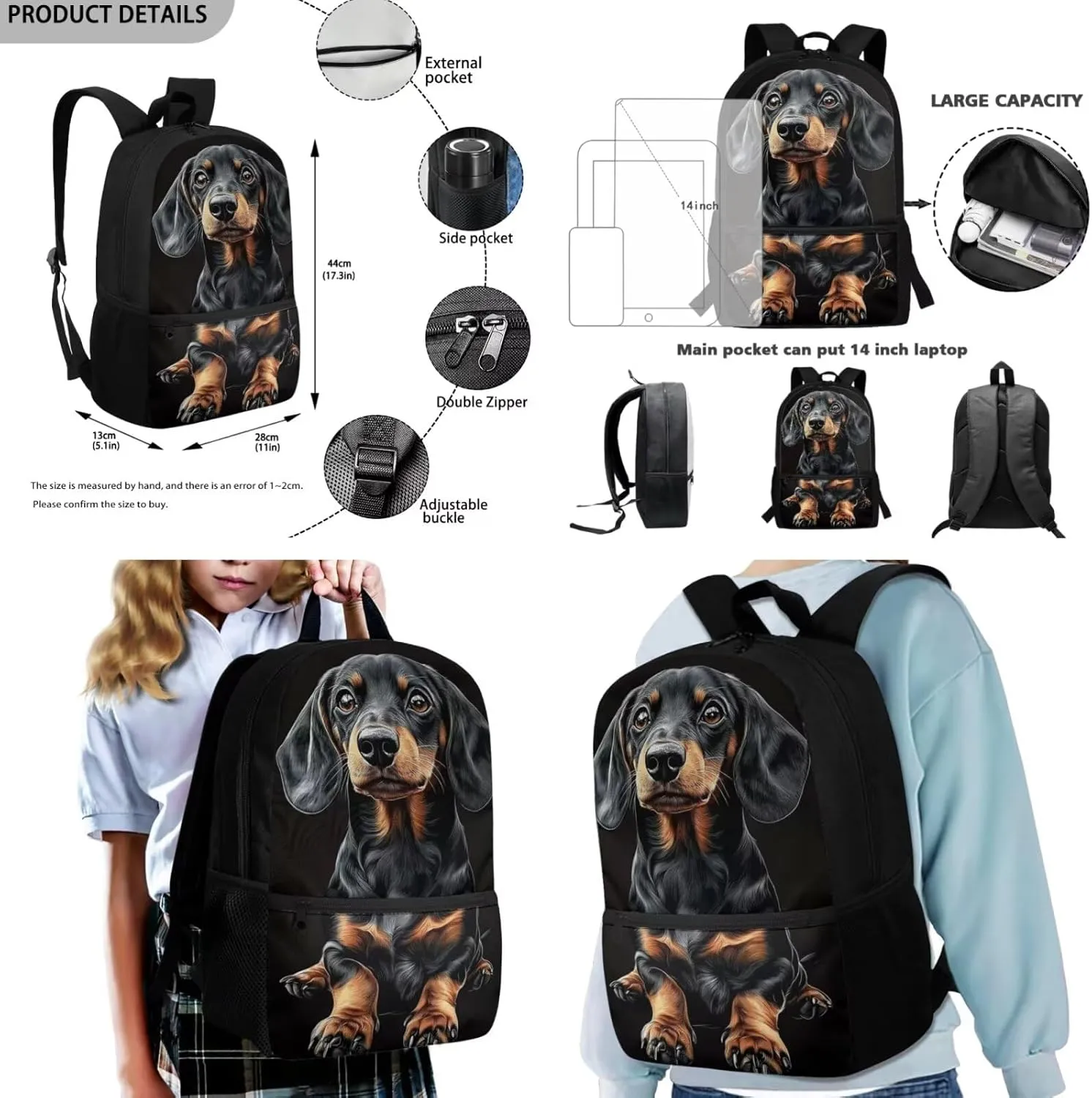 Black Dachshund Backpacks Sets for Girls Boys Kids Backpack School Bookbags with Insulated Lunch Box Pencil Case for School Elementary Students