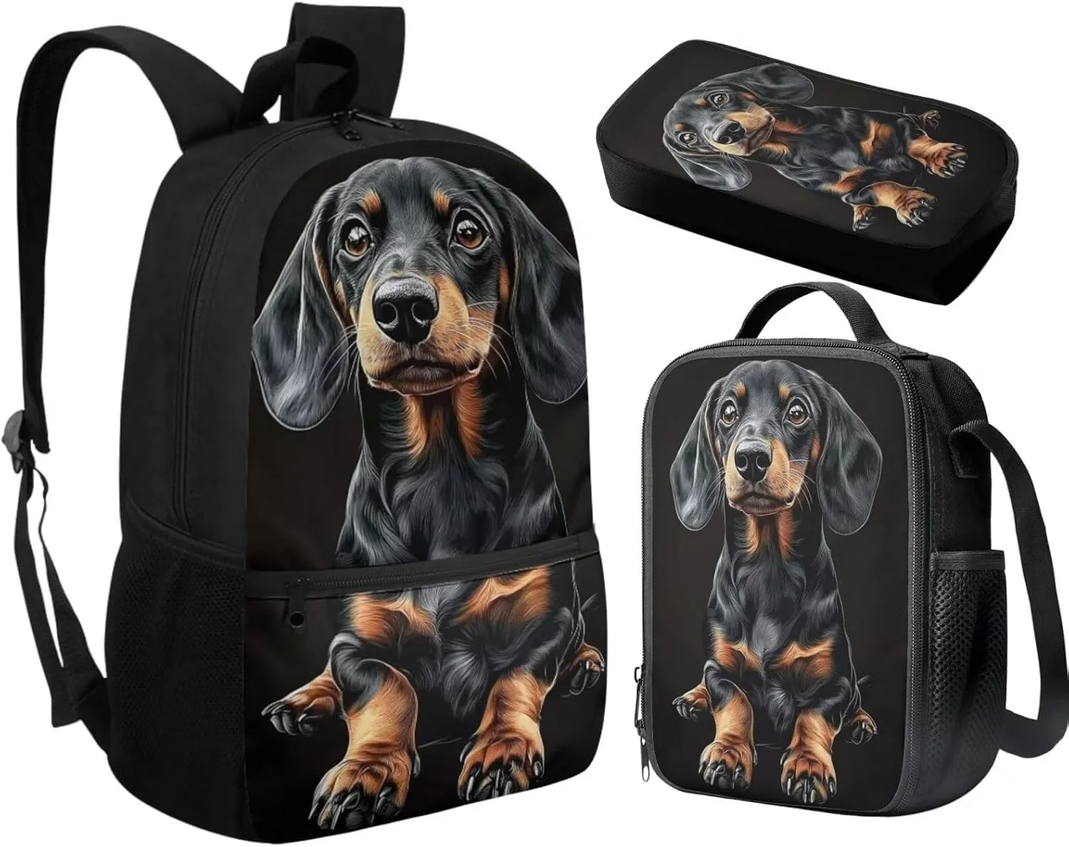 Black Dachshund Backpacks Sets for Girls Boys Kids Backpack School Bookbags with Insulated Lunch Box Pencil Case for School Elementary Students