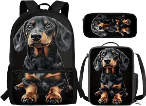 Black Dachshund Backpacks Sets for Girls Boys Kids Backpack School Bookbags with Insulated Lunch Box Pencil Case for School Elementary Students