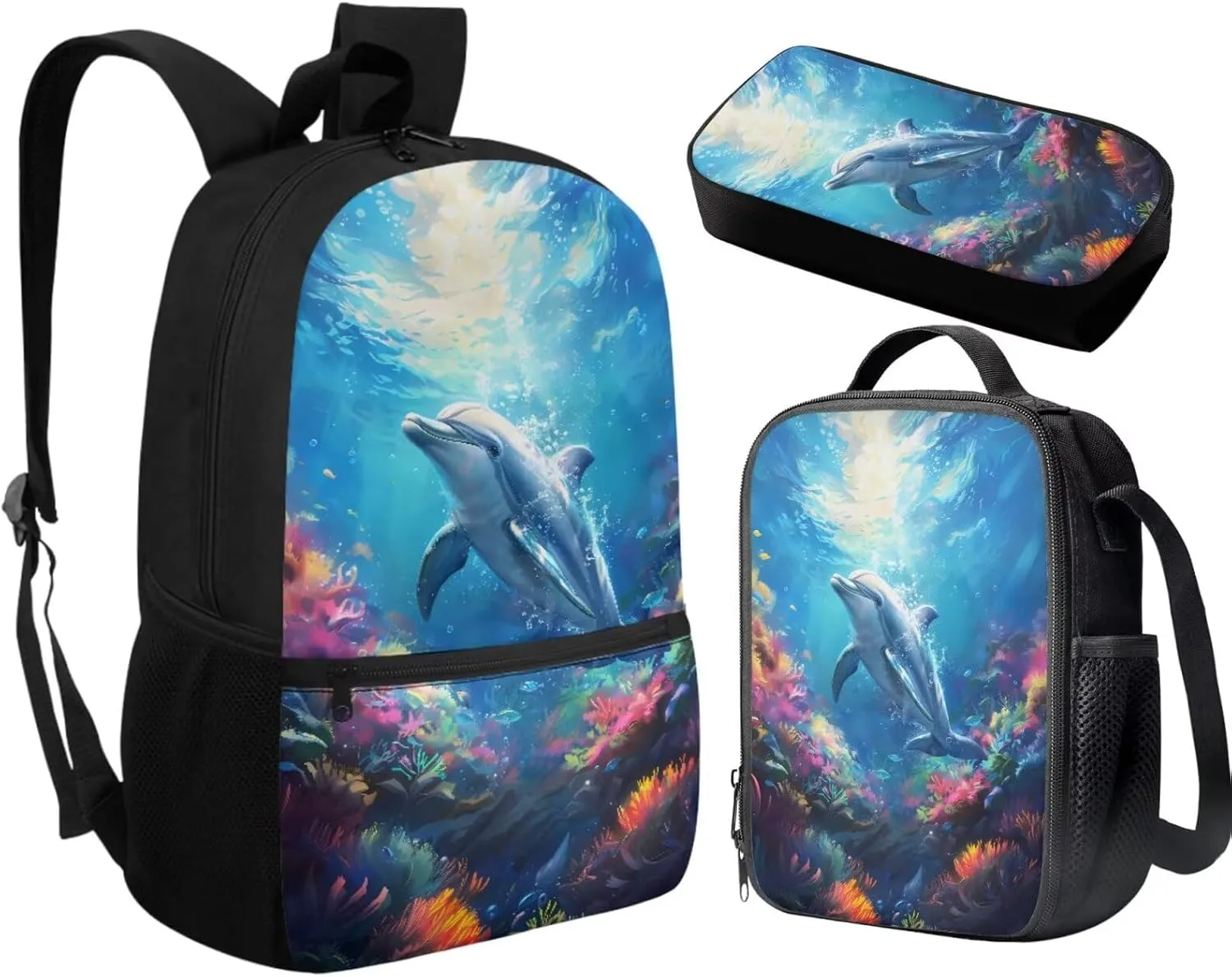 Blue Dolphin Backpack for Girls Kids backpacks Preschool Kindergarten Bookbag Cute Lightweight School Bags Set and Lunchbox and Pencil Bags