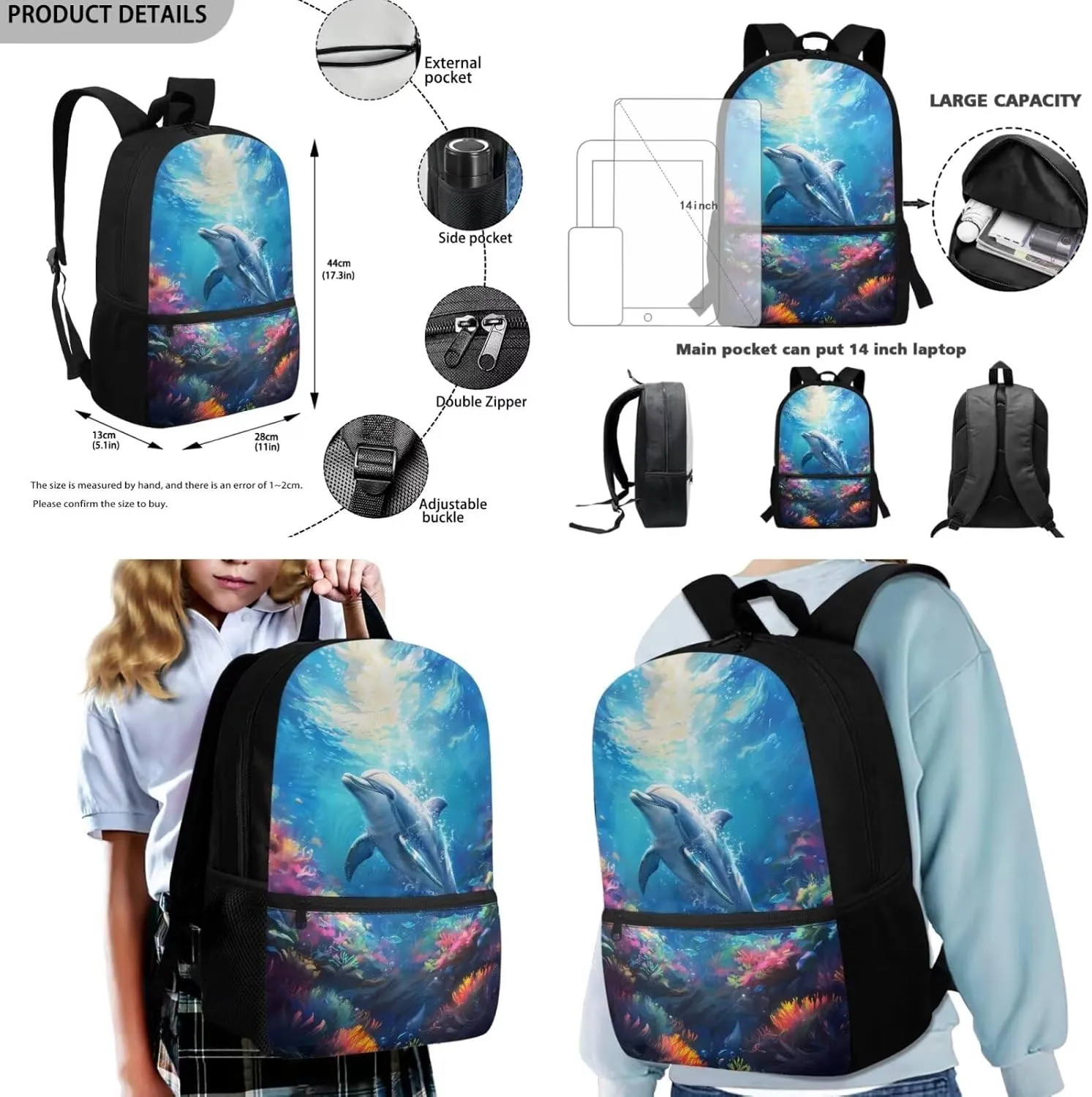 Blue Dolphin Backpack for Girls Kids backpacks Preschool Kindergarten Bookbag Cute Lightweight School Bags Set and Lunchbox and Pencil Bags