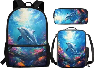 Blue Dolphin Backpack for Girls Kids backpacks Preschool Kindergarten Bookbag Cute Lightweight School Bags Set and Lunchbox and Pencil Bags