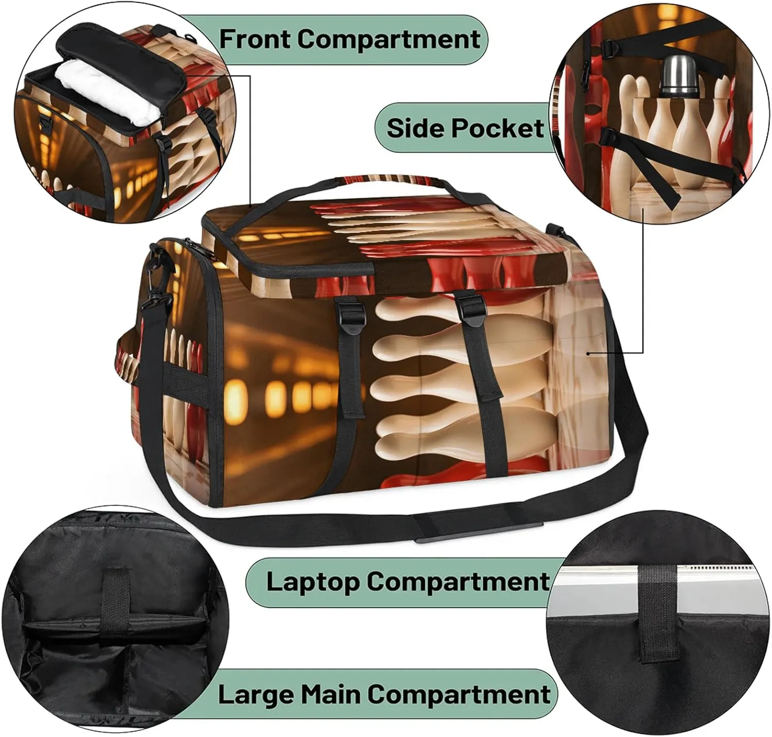 Bowling Ball Theme Gym Bags for Men Women Sports Backpack with Shoe Compartment 3-in-1 Tactical Duffle Bag for Overnight Weekender Travel