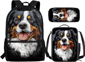 Boys Backpacks Set for Primary Black Bernese Mountain Dog Print Kids School Backpack with Lunch Box and Pencil Case 3Pcs Bookbags