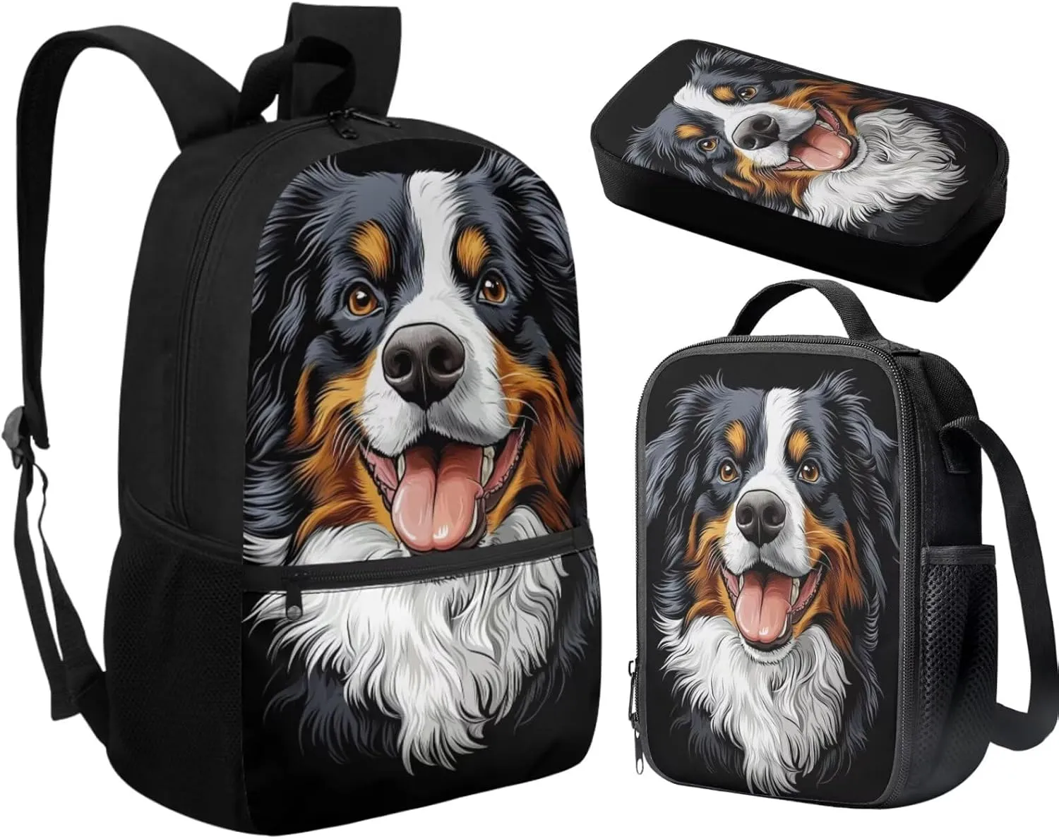 Boys Backpacks Set for Primary Black Bernese Mountain Dog Print Kids School Backpack with Lunch Box and Pencil Case 3Pcs Bookbags