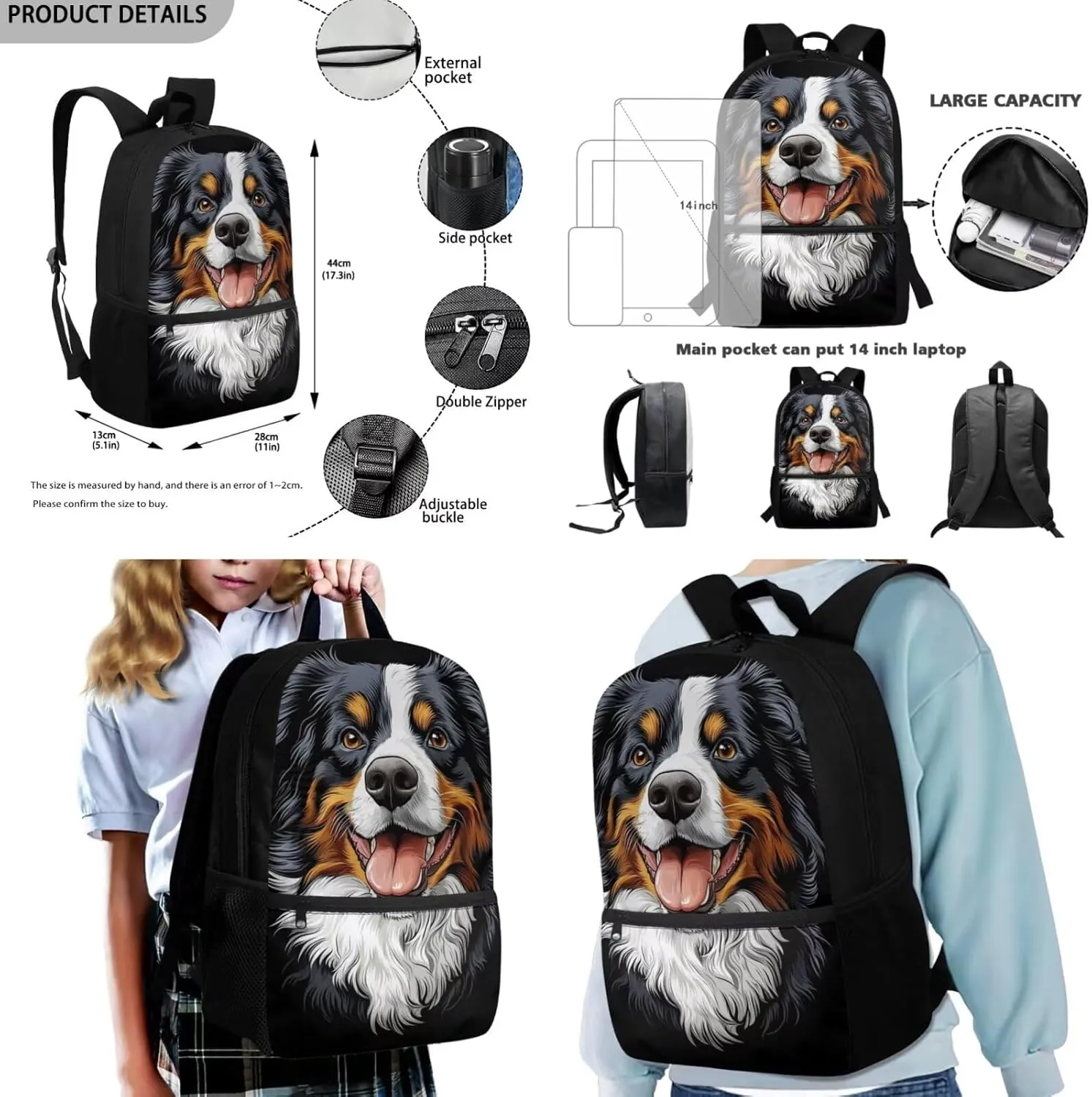Boys Backpacks Set for Primary Black Bernese Mountain Dog Print Kids School Backpack with Lunch Box and Pencil Case 3Pcs Bookbags