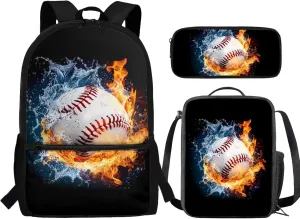 Boys Backpacks Sets Baseball On Fire and Water School Backpack Lightweight Elementary Bookbag with Lunch Box and Pencil Case