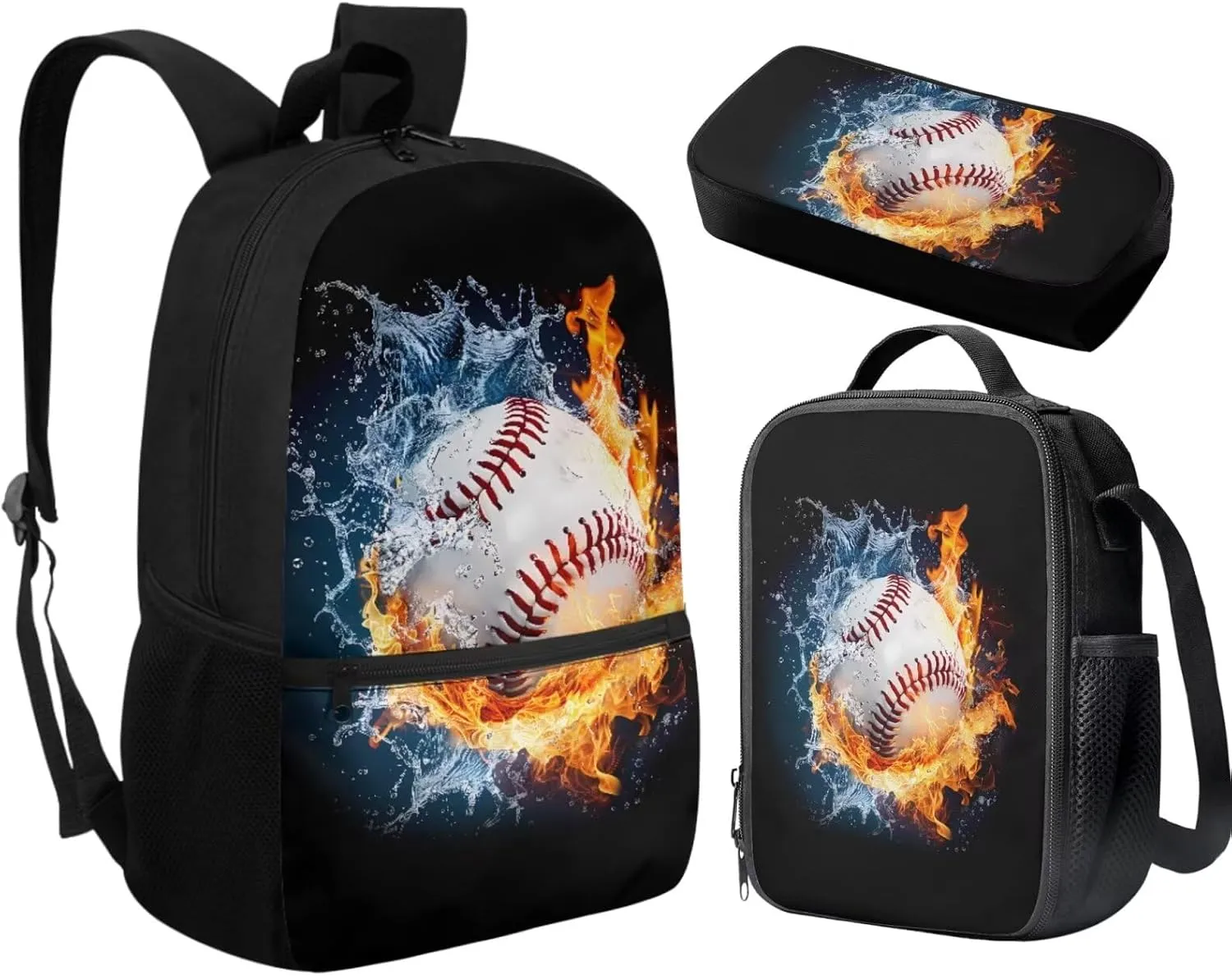Boys Backpacks Sets Baseball On Fire and Water School Backpack Lightweight Elementary Bookbag with Lunch Box and Pencil Case
