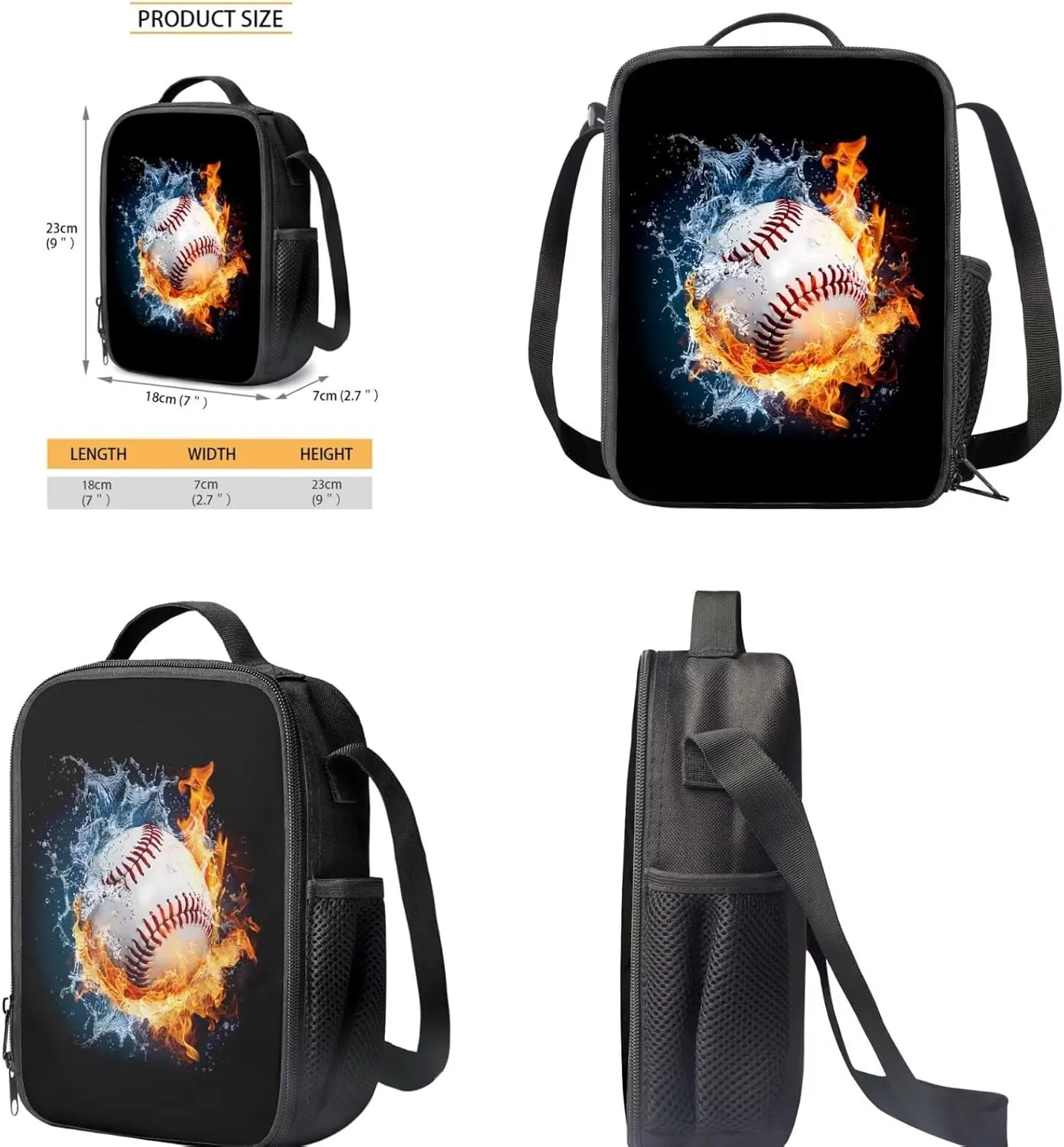 Boys Backpacks Sets Baseball On Fire and Water School Backpack Lightweight Elementary Bookbag with Lunch Box and Pencil Case