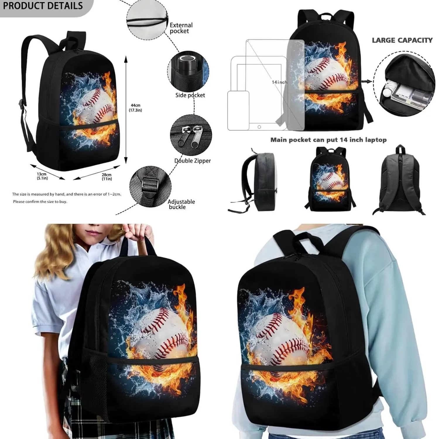 Boys Backpacks Sets Baseball On Fire and Water School Backpack Lightweight Elementary Bookbag with Lunch Box and Pencil Case