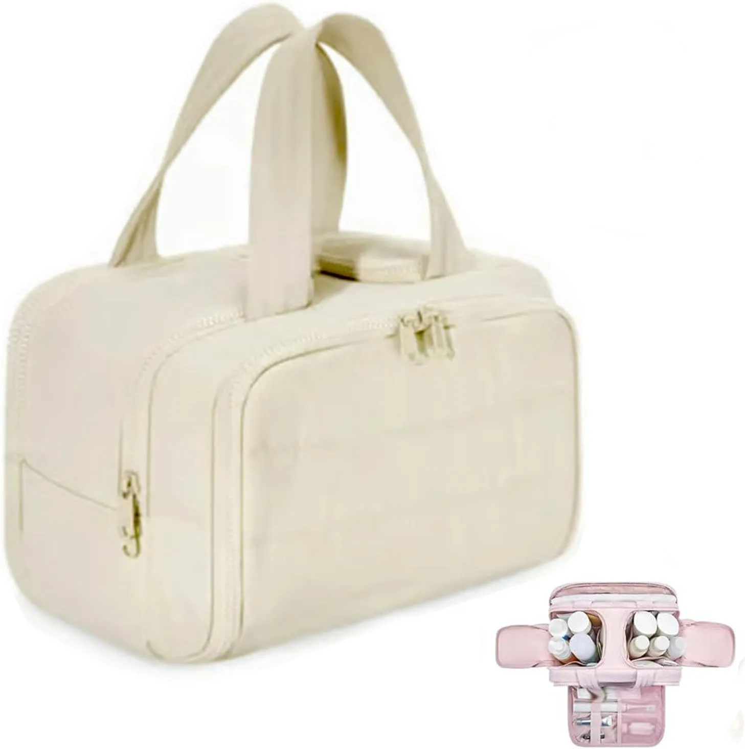 Circulatne Travel Cosmetic Bag, Circulatne Large Capacity Wide-Open Travel Cosmetic Bag, Waterproof Portable Pouch Open Flat Toiletry Bags for Women With Divider And Handle (Beige)