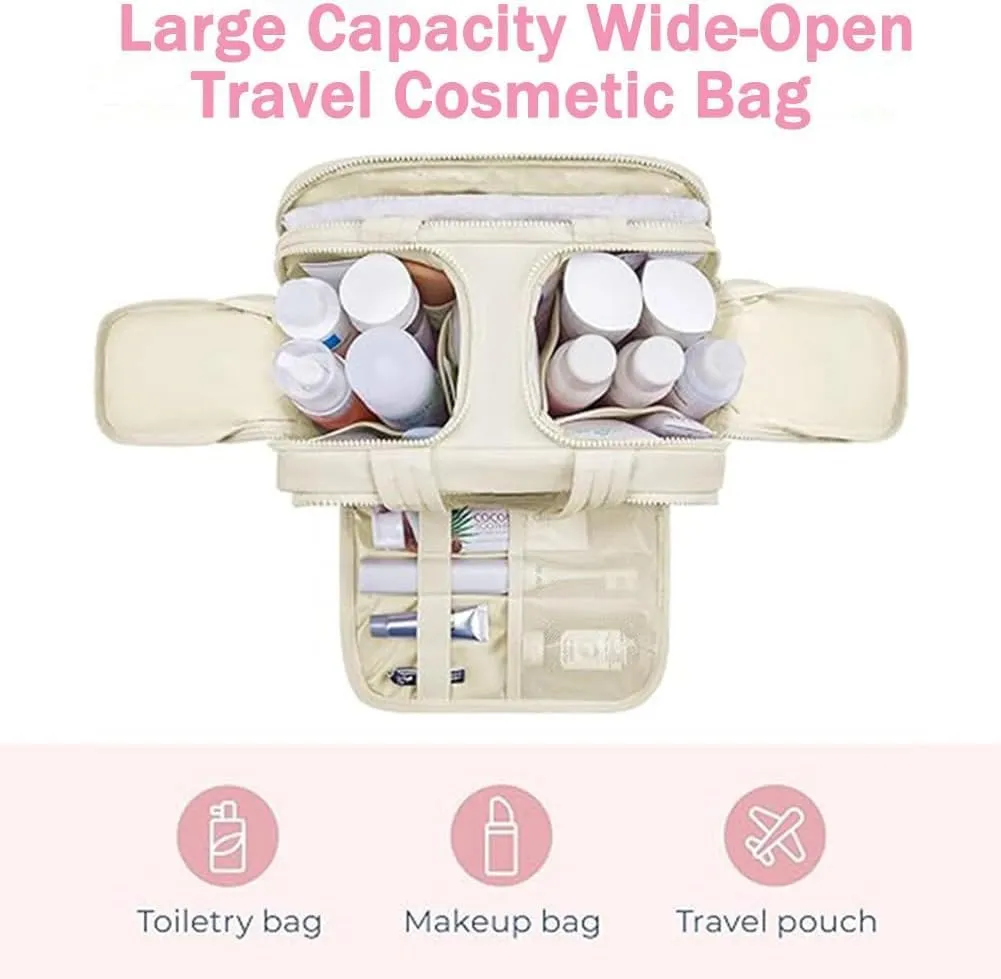 Circulatne Travel Cosmetic Bag, Circulatne Large Capacity Wide-Open Travel Cosmetic Bag, Waterproof Portable Pouch Open Flat Toiletry Bags for Women With Divider And Handle (Beige)