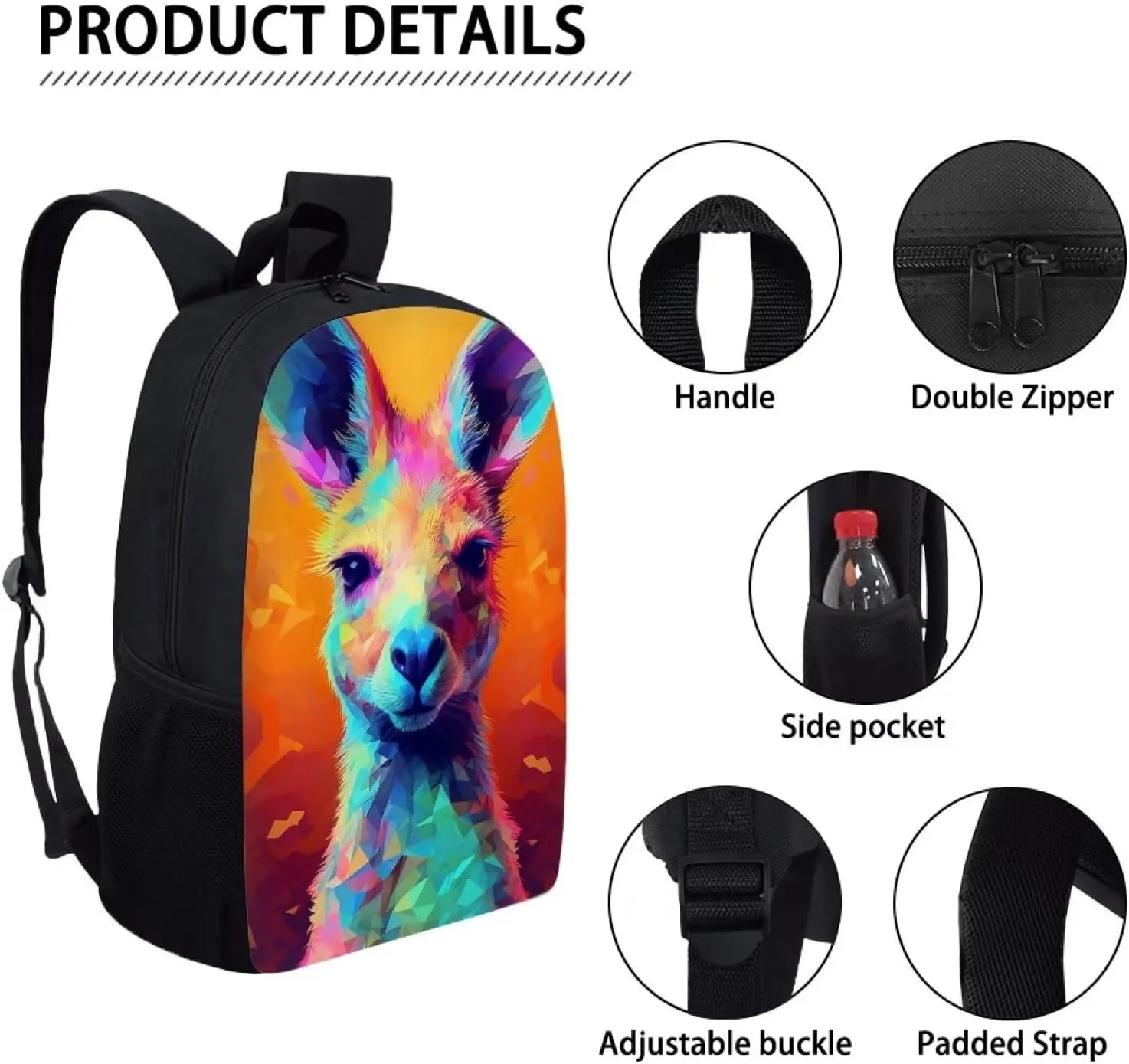 Colorful Cartoon Kangaroo School Backpack Personalized Bookbag for Boys Girls Teens Casual Travel Bag Computer Laptop Daypack