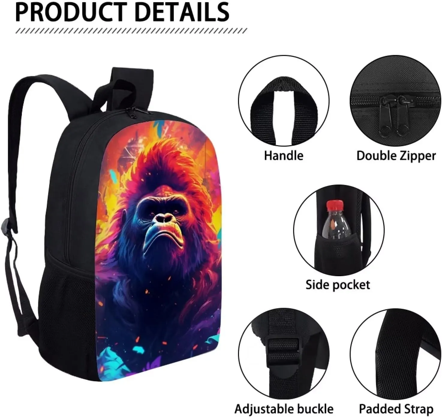 Cool Gorilla School Backpack Travel Bag for Men Women Lightweight College Back Pack Cute Animal Schoolbag For Kids Boy Girls
