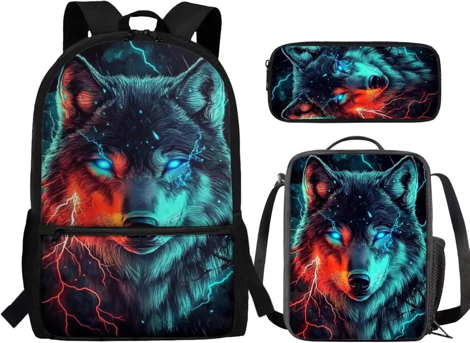 Cool Wolf Backpacks Set with Insulated Lunch Box Pencil Case for Teenage Boys 17 Inch Bookbag Cute School Bags 3 pcs/set