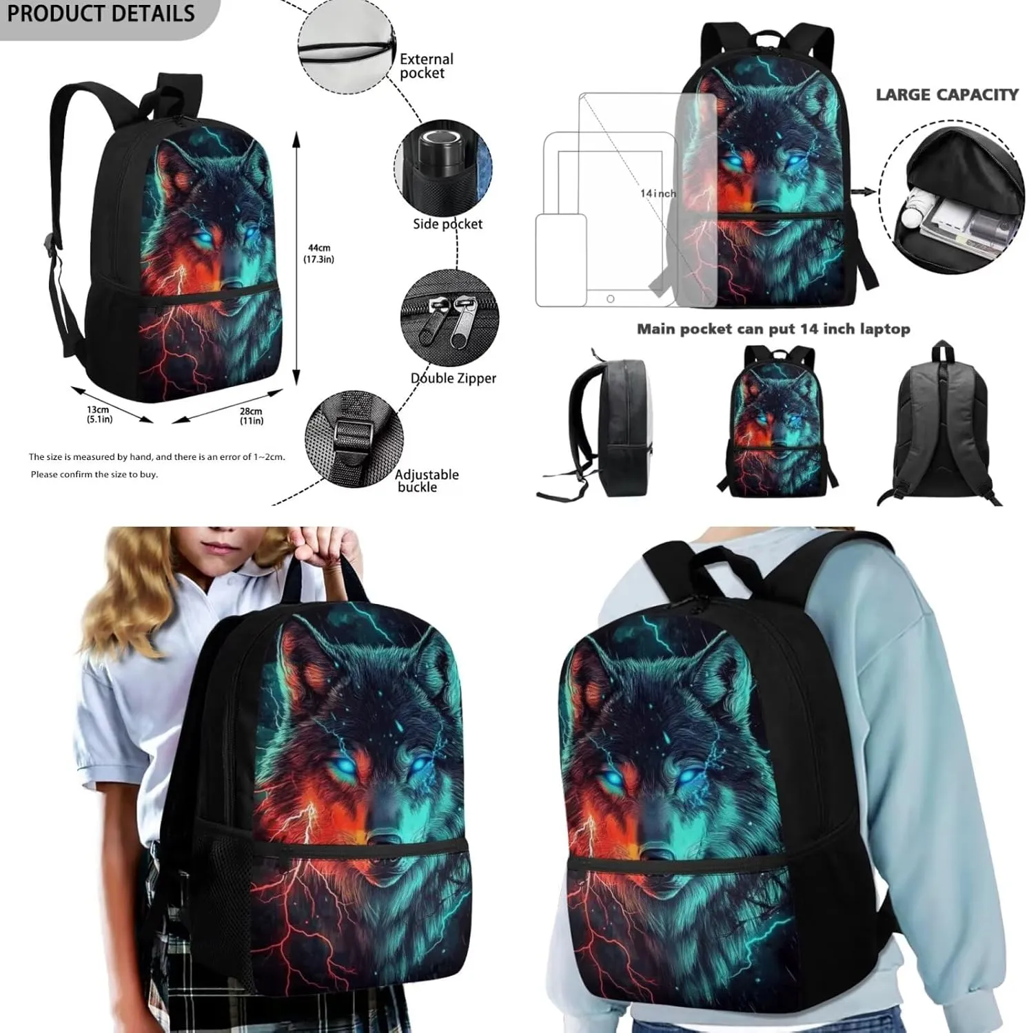 Cool Wolf Backpacks Set with Insulated Lunch Box Pencil Case for Teenage Boys 17 Inch Bookbag Cute School Bags 3 pcs/set