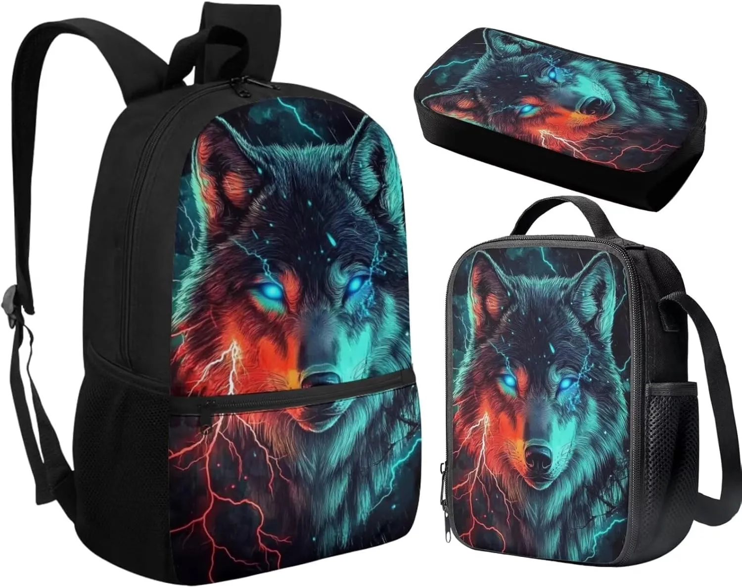 Cool Wolf Backpacks Set with Insulated Lunch Box Pencil Case for Teenage Boys 17 Inch Bookbag Cute School Bags 3 pcs/set