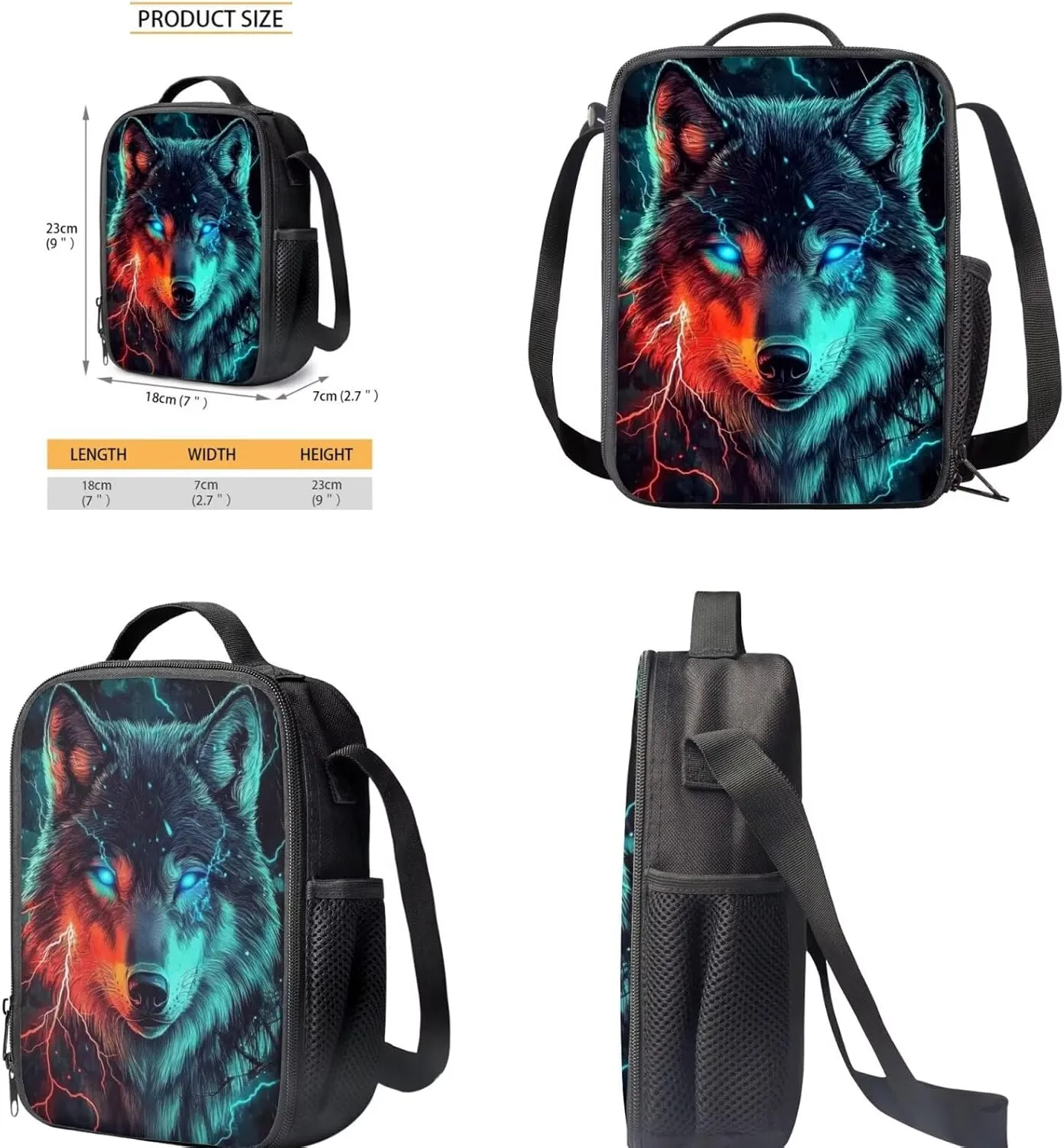 Cool Wolf Backpacks Set with Insulated Lunch Box Pencil Case for Teenage Boys 17 Inch Bookbag Cute School Bags 3 pcs/set